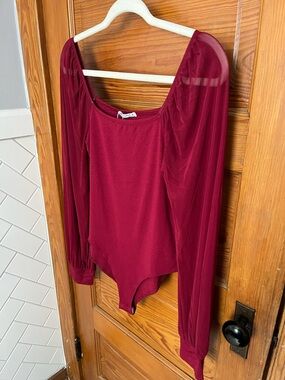 Mangopop Burgundy Sheer-Sleeve Long Sleeve Bodysuit